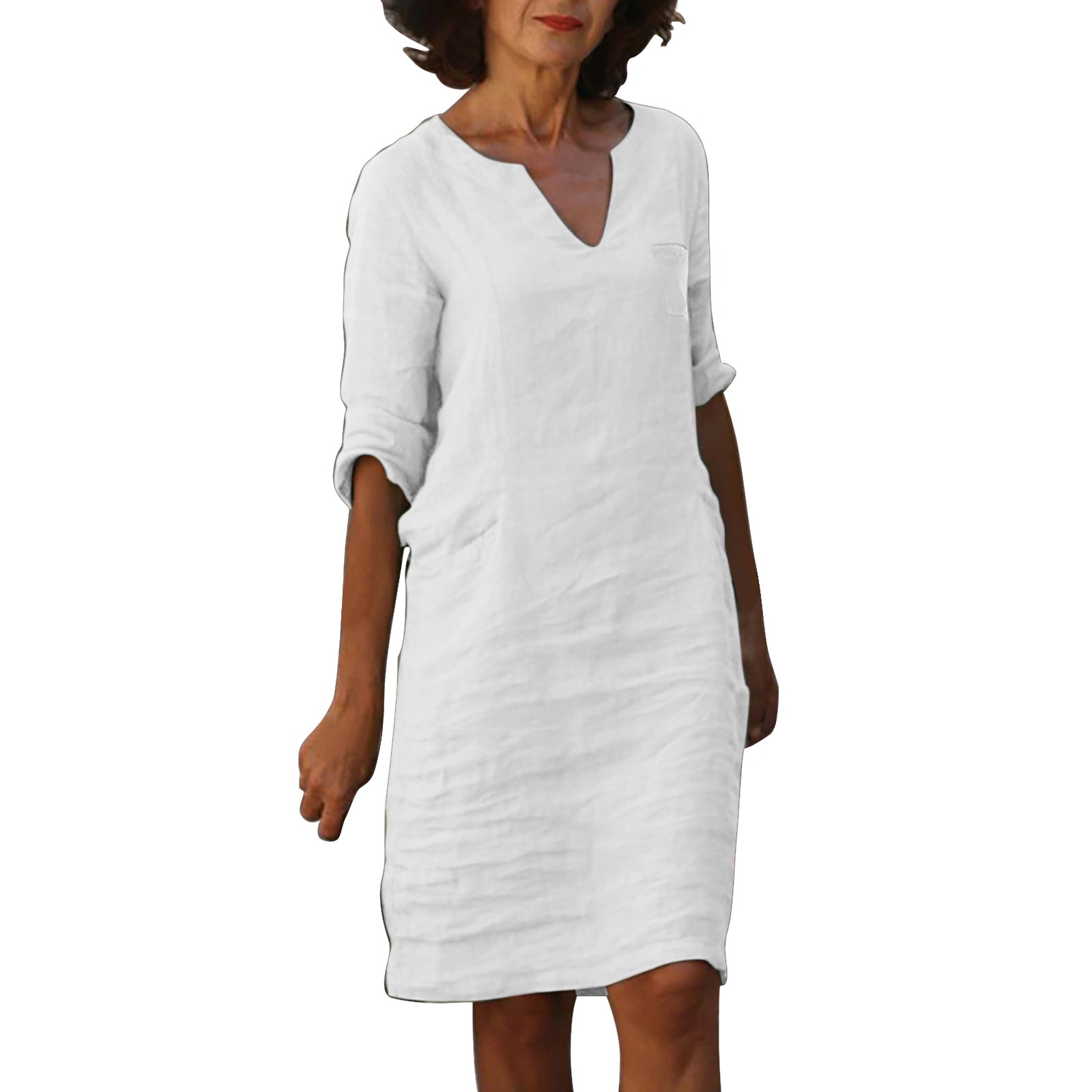 Mini vestido estampado con cuello en V y manga media para mujer - Algodón/lino, estilo informal/vacacional, primavera/otoño, lavado a mano/a máquina con programa delicado, tallas asiáticas reales